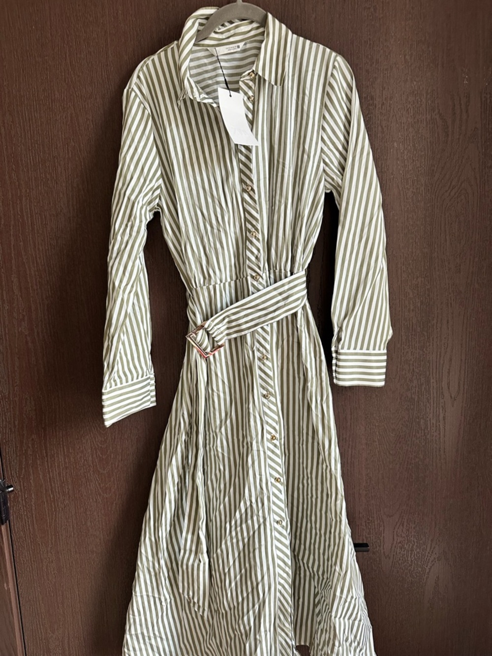 Zara Olive and White Striped Long Sleeve Shirt Dress with Belt